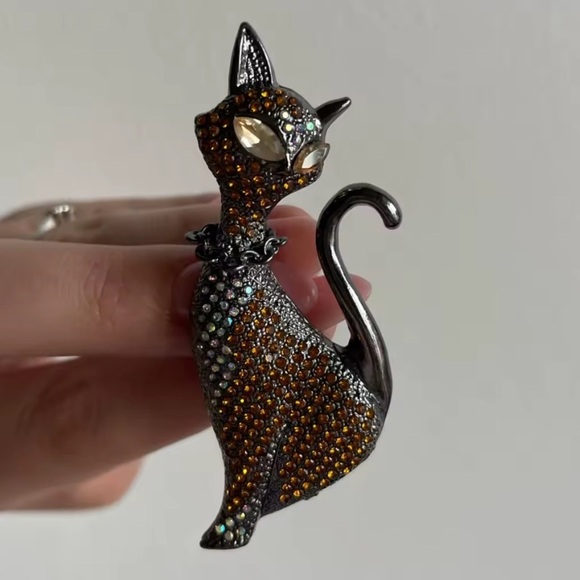 Betsey Johnson Elegant Black Gold Cat Brooch - Picture 5 of 6